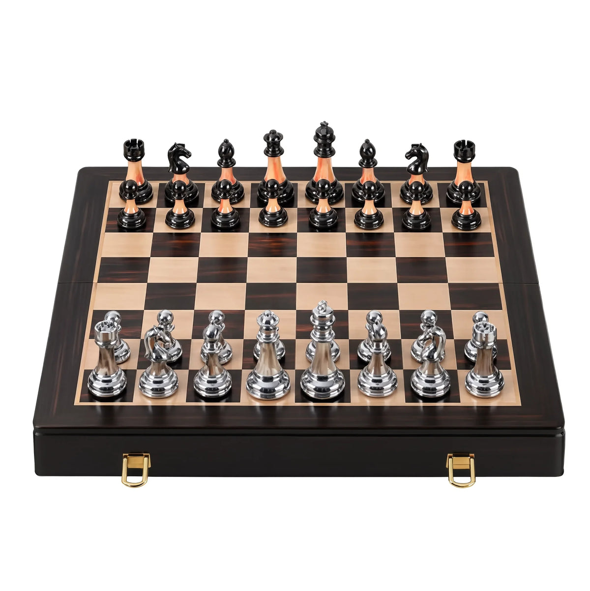 Échiquier de luxe 45 cm grand format, plateau laqué sombre, pièces en métal