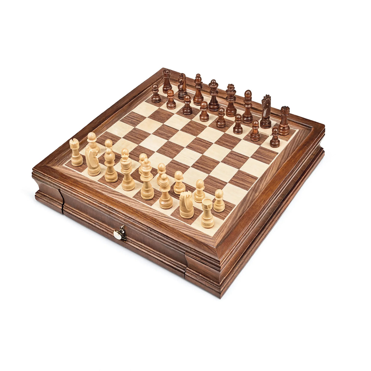 Échiquier en bois 32 cm avec tiroirs de rangement, pièces Staunton en bois