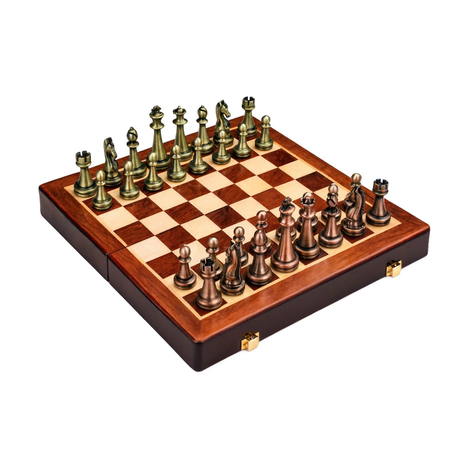 Échiquier bronze antique 30 cm, pièces en métal bronze et cuivre, plateau bois pliant