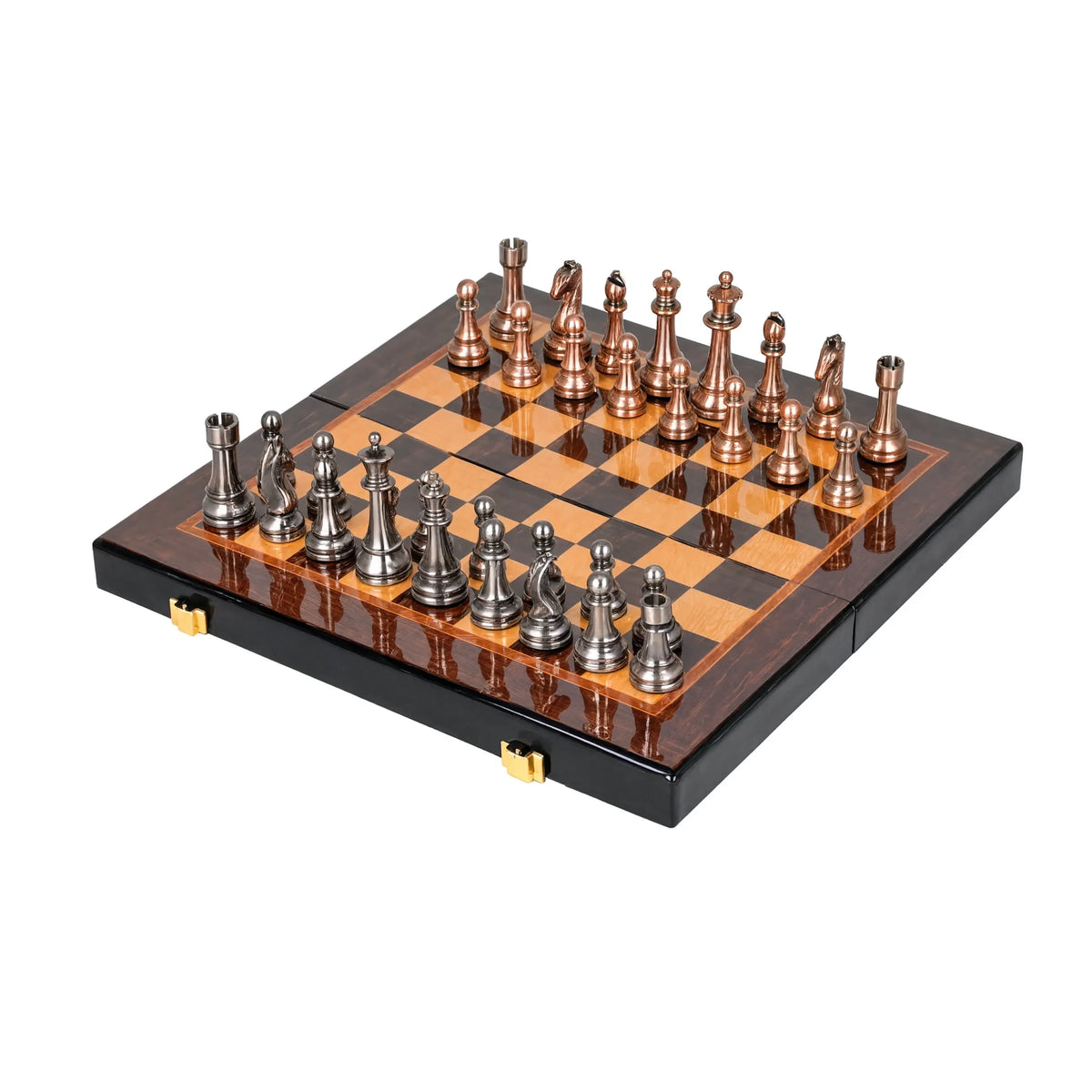 Échiquier métal 38 cm, pièces en zinc laqué cuivre et argent, plateau bois laqué