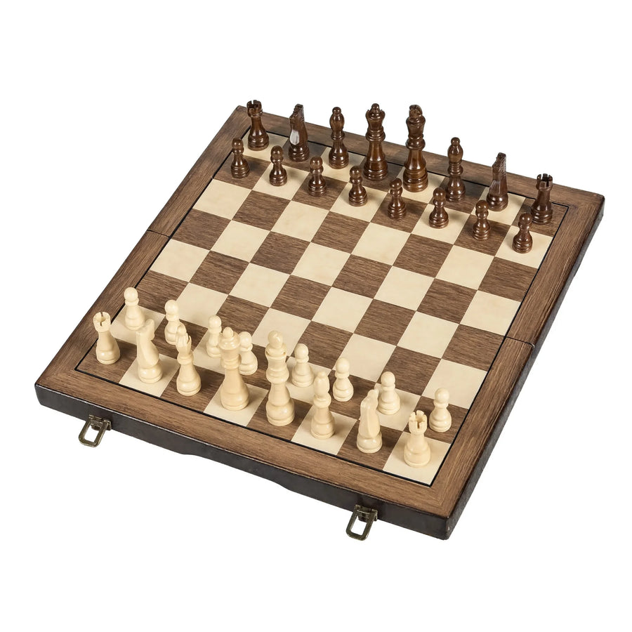 Échiquier de voyage pliant 39 cm en bois, pièces Staunton, fond blanc
