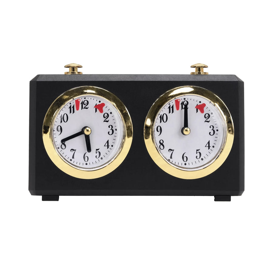 Pendule d'échecs mécanique à aiguilles noire, double cadran doré avec drapeau