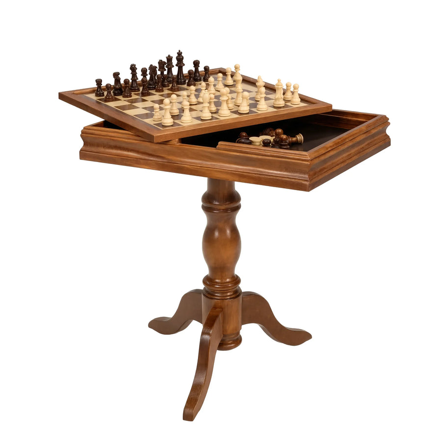 Table d'échecs en bois sur pied tripode, plateau réversible et tiroir de rangement